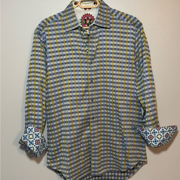 Robert Graham Shirt Flip Cuff Multicolor Plaid Floral Men’s Medium Business - Picture 3 of 11
